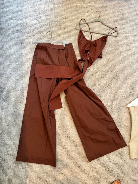 Tanya Taylor Pants - Tanya Taylor Women’s Chocolate Brown Wide-Leg Pants with Tie Crop Top